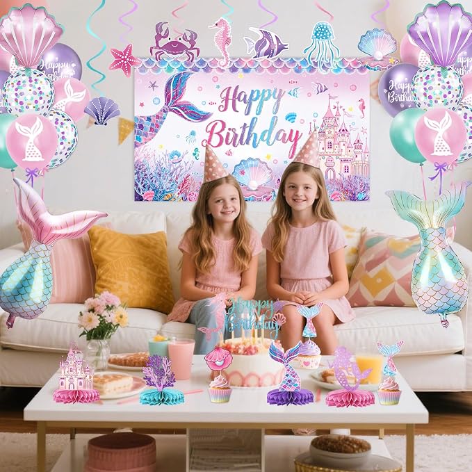 Mermaid Birthday Decorations – Includes Banner, Backdrop, Foil & Latex Balloons, Hanging Swirls, Cake & Cupcake Toppers, Honeycomb Centerpieces for Girls Mermaid Party Decorations