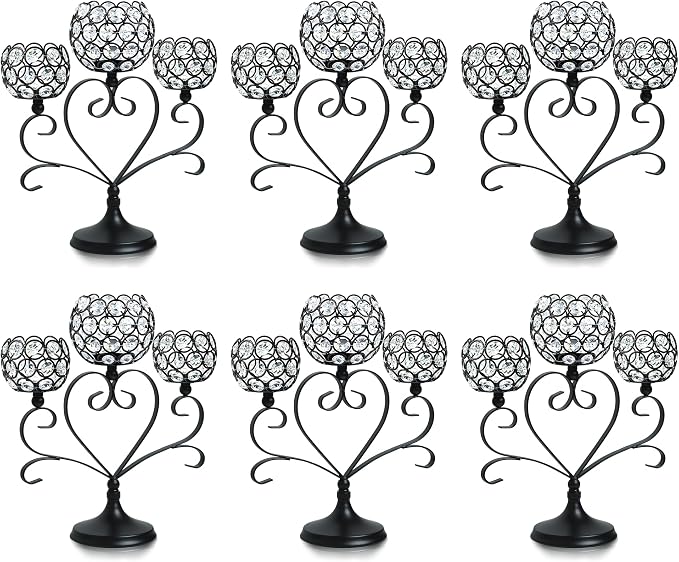 6 Pcs 3-Arm Heart Tea Light Candle Holder - Crystal & Metal Wedding Centerpiece Decor, Sparkling Table Decor for Anniversaries/Romantic Tabletop Home/Dinner Party/Events (6, Black)