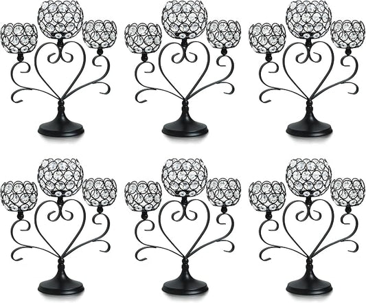 6 Pcs 3-Arm Heart Tea Light Candle Holder - Crystal & Metal Wedding Centerpiece Decor, Sparkling Table Decor for Anniversaries/Romantic Tabletop Home/Dinner Party/Events (6, Black)