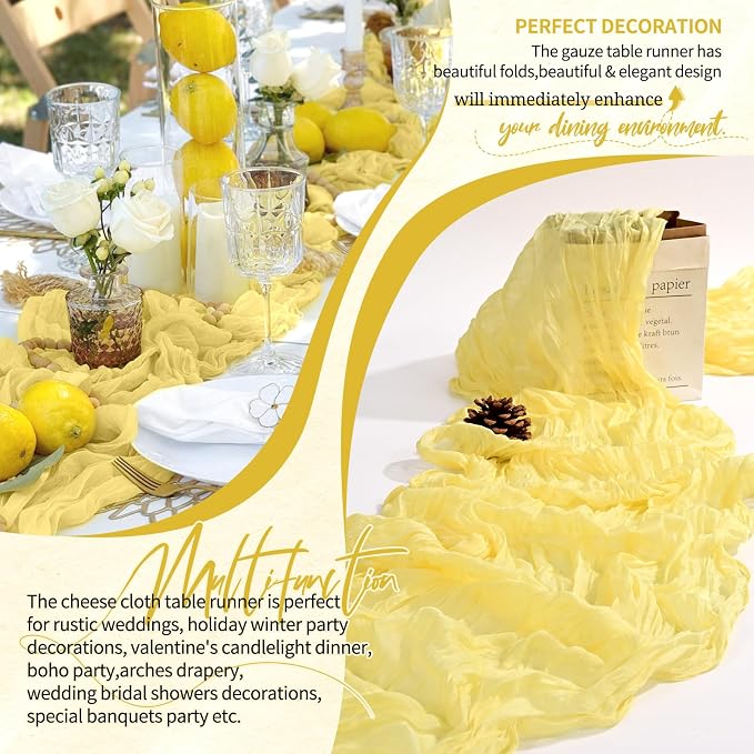 4 Pack Cheesecloth Table Runner 10FT Light Yellow Table Runner Boho Gauze Cheese Cloth Table Runners Long Rustic Sheer Table Decorations for Wedding Party Baby Bridal Shower Birthday Holiday Home