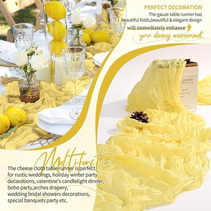 18 Pack Cheesecloth Table Runner 10FT Light Yellow Table Runner Boho Gauze Cheese Cloth Table Runners Long Rustic Sheer Table Decorations for Wedding Party Baby Bridal Shower Birthday Holiday Home