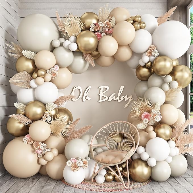 White Sand Gold Balloons Arch Double Stuffed, Cream Nude Beige Metallic Gold Balloons Garland, White Neutral Latex Balloon for Boho Baby Shower Birthday Anniversary Graduation Communion Party Decor