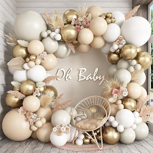 White Sand Gold Balloons Arch Double Stuffed, Cream Nude Beige Metallic Gold Balloons Garland, White Neutral Latex Balloon for Boho Baby Shower Birthday Anniversary Graduation Communion Party Decor