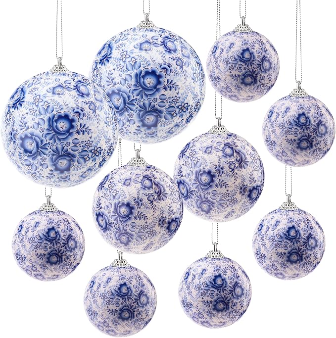 10 Pcs Chinoiserie Ornaments Plastics Ball White and Blue Christmas Tree Hanging Ornaments DIY Xmas Party Basket Table Christmas Wreath Wedding Birthday Home Decor