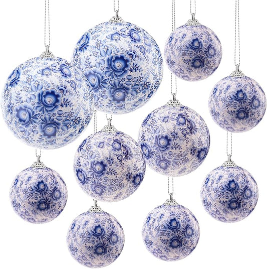 10 Pcs Chinoiserie Ornaments Plastics Ball White and Blue Christmas Tree Hanging Ornaments DIY Xmas Party Basket Table Christmas Wreath Wedding Birthday Home Decor