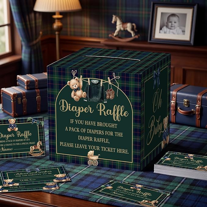 Teling 51 Pieces Diaper Raffle Tickets Box with Card Baby Shower Decorations Gender Reveal Holder Box for Girl Boy Diaper Raffle Party (Blue Green Tartan Plaid We Can Bearly Wait Style)