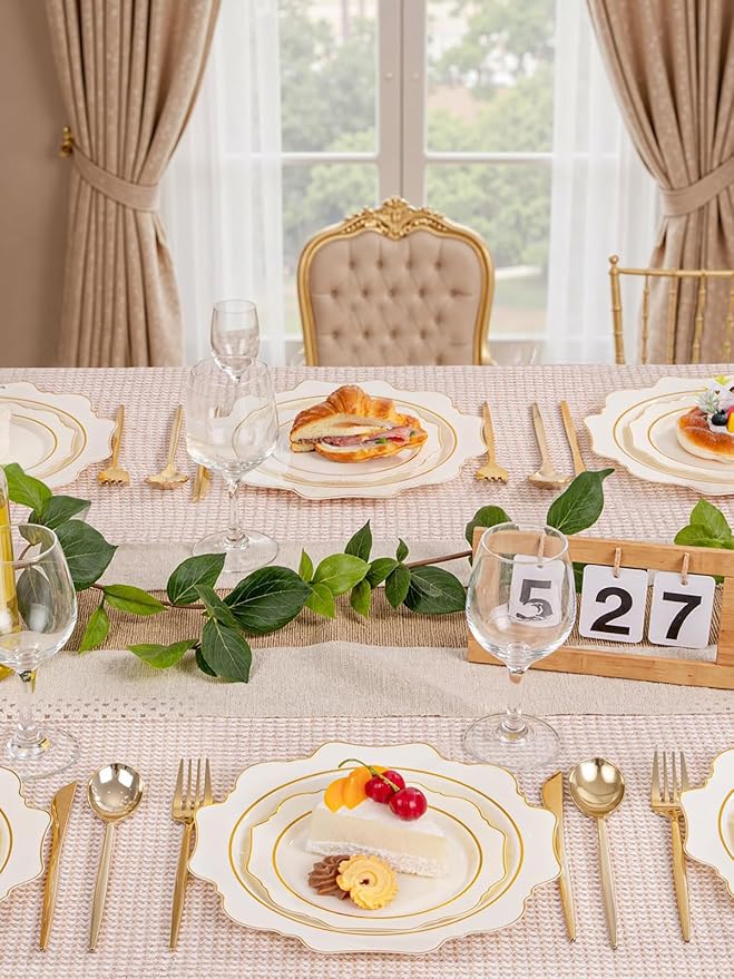 WDF 100PCS Ivory Plastic Plates with Gold Rim - Cream Plastic Plates - Include 50 Dinner & 50 Dessert Fancy Disposable Plate for Party - Heavy Duty Beige Plate for Baby Shower/Wedding/Mother's Day