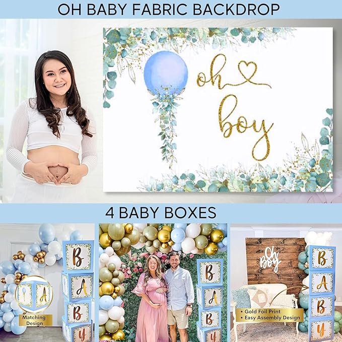MEGA 254 Pc Watercolor Dusty Blue And Sage Green Baby Shower Decorations Boy, Gender Neutral Balloons Garland Kit, BABY boxes, Backdrop, Banners, Cake Topper, Tablecloth, Plates Napkins, Cups Utensils