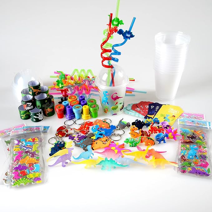 MOVINPE Dinosaur Party Favors Personalize Goody Cups with Gift Tags, Filled with Dinosaur Themed Reusable Straws Stampers Luminous Dinos Figure Slap Bracelets Keychains Rings 3D Stickers for Kids