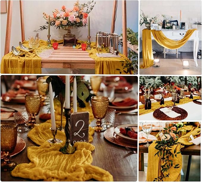 15 Pack Cheesecloth Table Runner 10Ft Romantic Cheese Cloth Table Runner 35 x120 Inch Rustic Gauze Boho Table Runners for Wedding Birthday Party Baby Bridal Shower Gender Reveal Table Decor(Mustard)