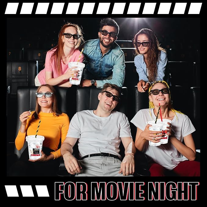 FoldTier 50 Pcs Movie Night Cups 12 oz Disposable Plastic Cups with Straws and Lids Cinema Clear mug Birthday mugs Supplies Birthday Table Decorations Party Favor