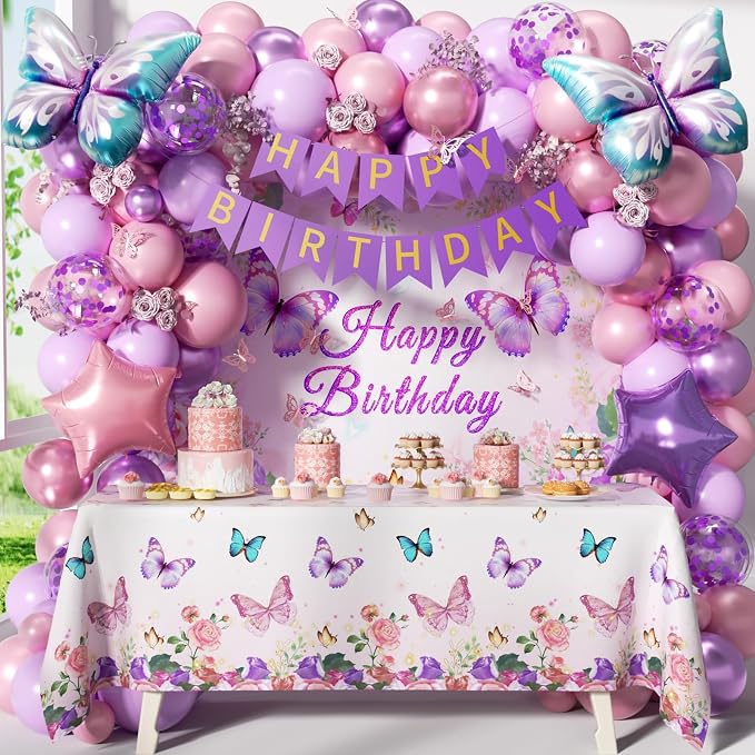 Pink and Purple Butterfly Birthday Decorations with Pastel Purple Pearl Pink Confetti Foil Balloons Tablecloth Backdrop Banner for Butterfly Birthday Party Decorations for Women