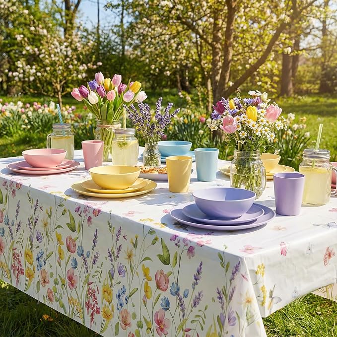 NatNarr 6 Pack Wildflower Plastic Tablecloths, 54 X 108Inch Spring Tablecloth Disposable Tea Party Table Cloth, Butterfly Wildflower Porcelain Tables Decor for Tea Party Birthday Garden Wedding Party