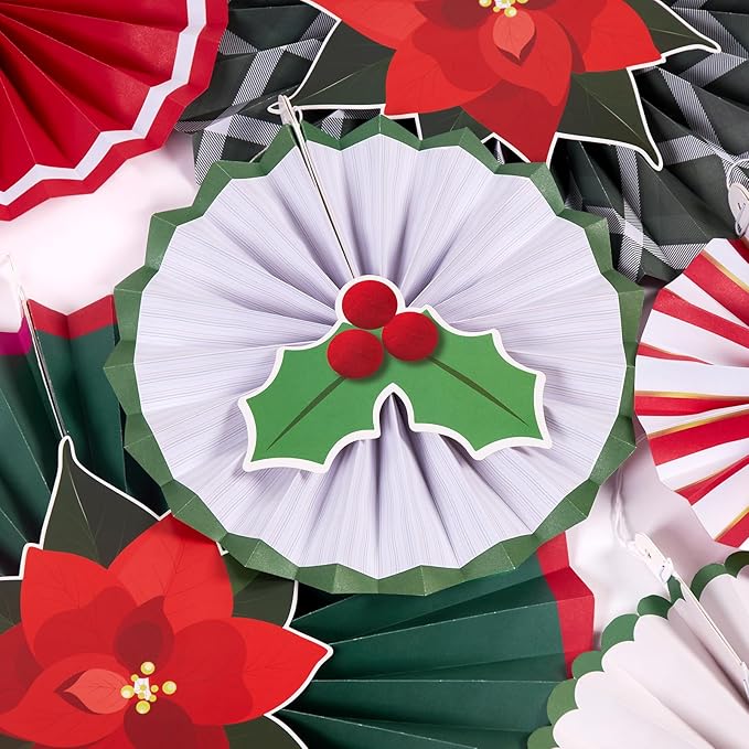 SUNBEAUTY Christmas Hanging Paper Fan Decorations Christmas Poinsettia Flowers Xmas Paper Star Topper Red Green Wall Ceiling Decor for Xmas Holiday Party Home Backdrop（Red）