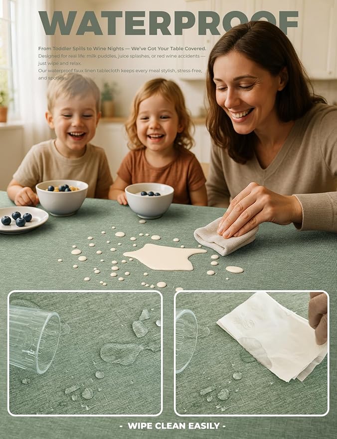 Decorelia Faux Linen Farmhouse Table Cloth 60"x84" for Rectangle Table, Sage Green Waterproof Outdoor Washable Cloth Tablecloth for Rectangular Dining Room Kitchen Outdoor Party Restaurant Decor