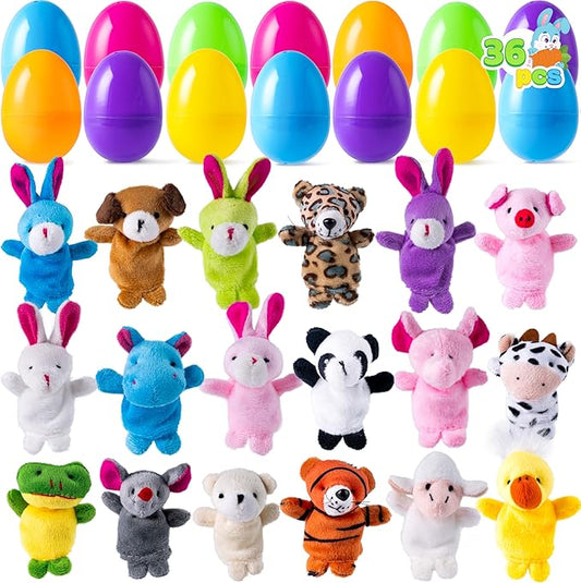 JOYIN 36 Pcs Pre-Filled Easter Eggs Filled with Animal Finger Puppets for Kids Toddlers Easter Egg Hunt, Basket Stuffers Fillers, Kids Party Favor, Classroom Prize Supplies