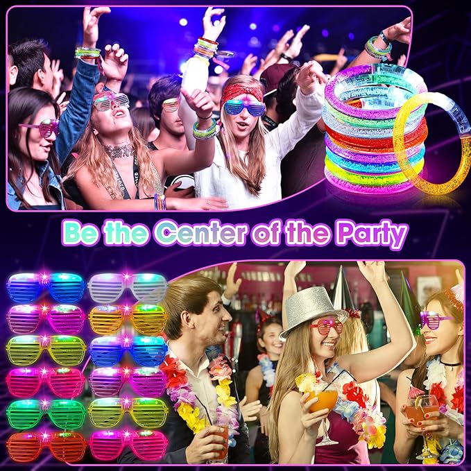Honoson 96 Pack Glow in the Dark Party Supplies, Light up Glasses LED Bracelets, Neon Favor Flashing Bulk Gift for Adult (Rainbow Color)