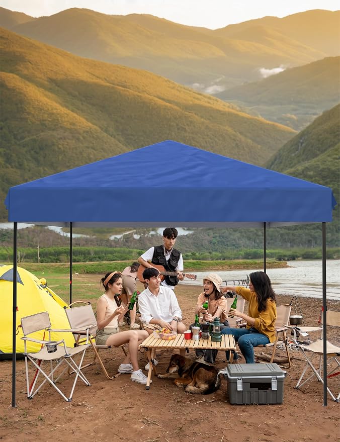 10x10 Pop Up Canopy with 3 Sidewalls - Outdoor Canopy Tent with Portable Roller Bag - One Button Push Setup, 3 Adjustable Height, 4 Weight Bags, 8 Stakes & 4 Guy Ropes Included, Blue