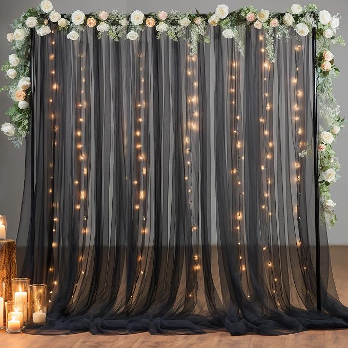 30x10ft Black Tulle Backdrop Curtain with Lights String for Parites, Sheer Backdrop Curtains for Wedding Baby Shower Birthday Party Photo Shoot Decorations