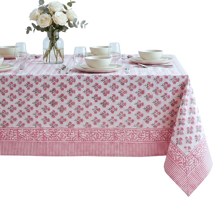 ATOSII Gulbahar White Pink 100% Cotton Fall Rectangle Tablecloth, Hand Block Print Washable Table Cover, Christmas Parties Buffet Dining, Weddings, Thanksgiving, Easter Decor 72 X 140 Inches 12 Seater
