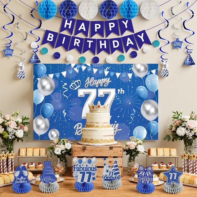 Happy Birthday Party Decoration Set: Including Birthday Banner Backdrop, Party Table Centerpieces and Hanging Swirl Party Streamers, Birthday Decor Suppliers for Men and Women (Blue, 77th Birthday)
