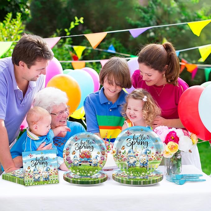 96Pcs Spring Party Supplies Hello Spring Paper Plates and Napkins Gnome Flower Butterfly Truck Tableware Disposable Dessert Dinnerware for Baby Shower Party for 24 Guests