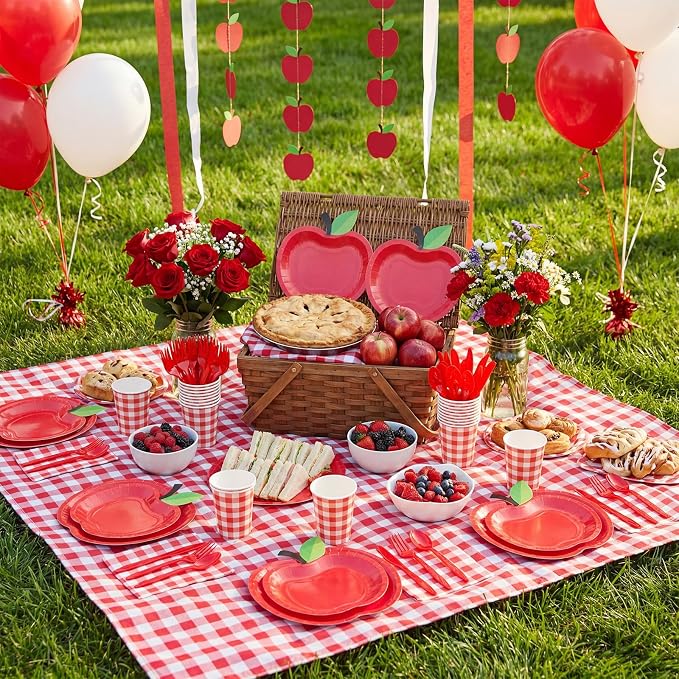 400 Pcs Back to School Party Supplies Serve 50, Apple Paper Plates Napkins Cups Apple Decoration Red Gingham Tableware Set for Last/First Day of School Party Supplies