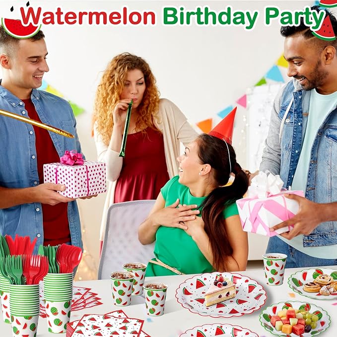 Funnymoom 400 Pcs Watermelon Birthday Party Supplies for 50 Guest Cute Summer Fruit Disposable Plates Napkin Cup Spoon Fork Knives for Outdoor Picnic Birthday Baby Bridal Shower Party Supplies