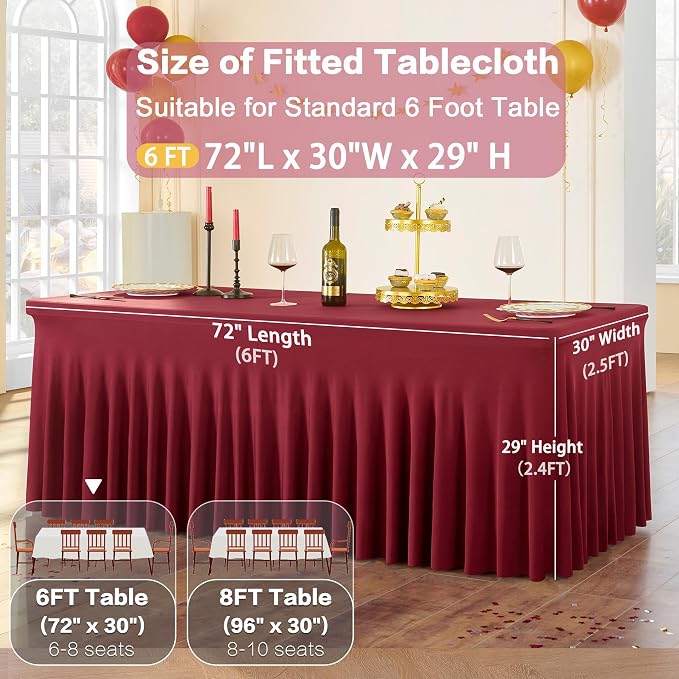 6 Pack Burgundy Spandex Tablecloth for 6 Foot Rectangle Tables, Wrinkle Free Fitted Table Cloth Cover 6ft Maroon Stretchy Tablecloths with Skirt for Parties Weddings Birthday Banquet Baby Shower