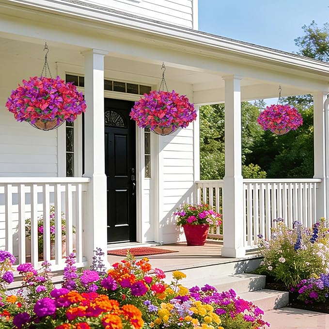 Artificial Fake Hanging Flowers Plants Baskets for Outdoors, Faux Silk Bougainvillea in Planter UV Resistant Realistic Spring Summer Decoration for Outside Porch Patio Yard Home Decor (Purple Hotpink)
