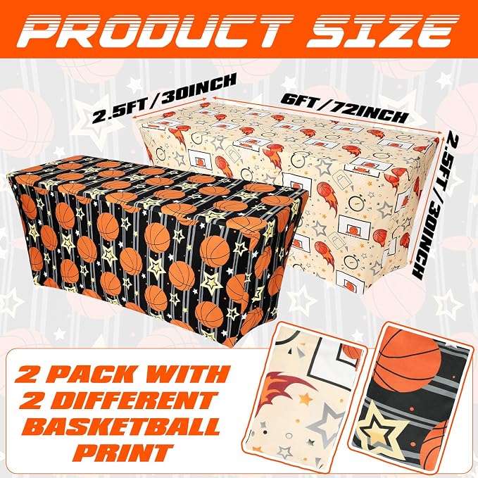 Frienda 2 Pcs Basketball Tablecloth Birthday Party Decorations Spandex Stretch 71 x 30'' Basketball Table Cloth Rectangle Table Cover for Sports Theme Birthday Party Supplies(Sports)