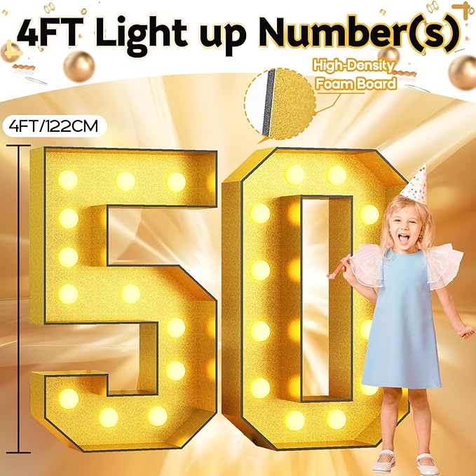 Light Up Numbers 50, 4FT Lighted Numbers 50 Marquee Glitter Gold Large Mosaic Number for 50th Birthday, Giant Marquee Sign Frame Pre-Cut Foam Board Kit for Graduation Anniversary Party