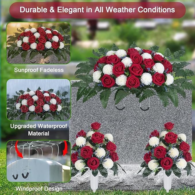 Artificial Cemetery Flower Headstone Flower Saddle 2 Chrysanthemum Rose Bouquets with Vase Memorial Flowers Grave Saddles for Headstone Outdoor Grave Tombstone Decor (Red White)
