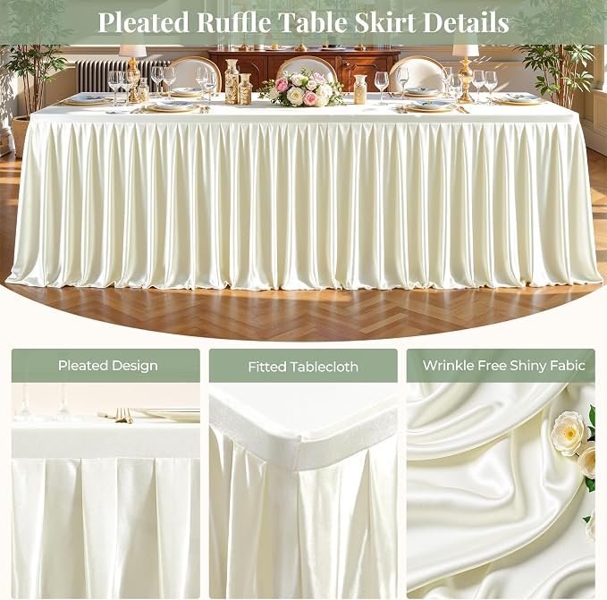 Ivory Satin Tablecloths Rectangle 6FT, Glitter Spandex Fitted Stretch Table Covers Wrinkle-Free Floor Length Shimmer Table Skirt for Weddings Parties Baby Shower Banquets Vendor Events