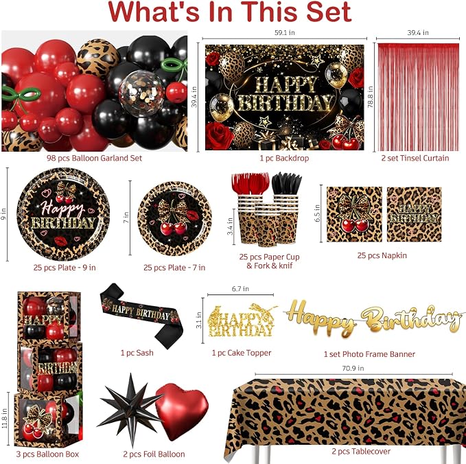 Cocomigo 261pcs Cheetah Print Birthday Decorations, One-stop Set for 25 People, Includes 350gsm Plates Pre‑threaded Banner Backdrop and Tablecloths, Cheetah and Cherry Birthday Decorations for Female
