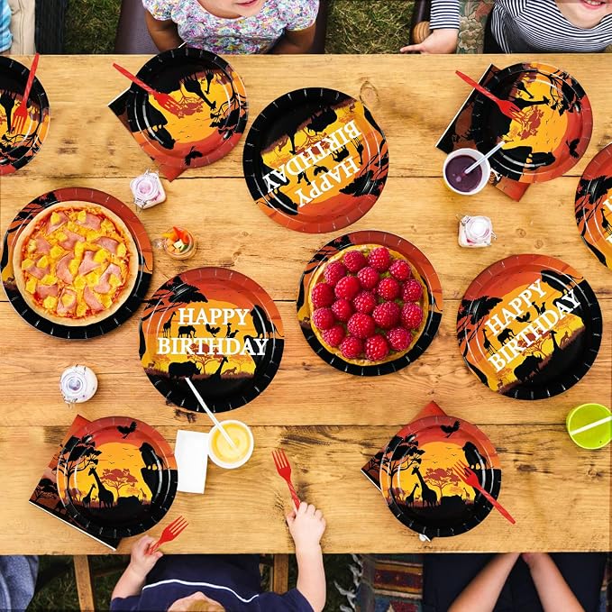 96Pcs African Safari Birthday Party Decorations Savanna Sunset View Plates and Napkins African Forest Jungle animals Scenic Tableware Set for Safari Theme Birthday Party Favors，Serves 24
