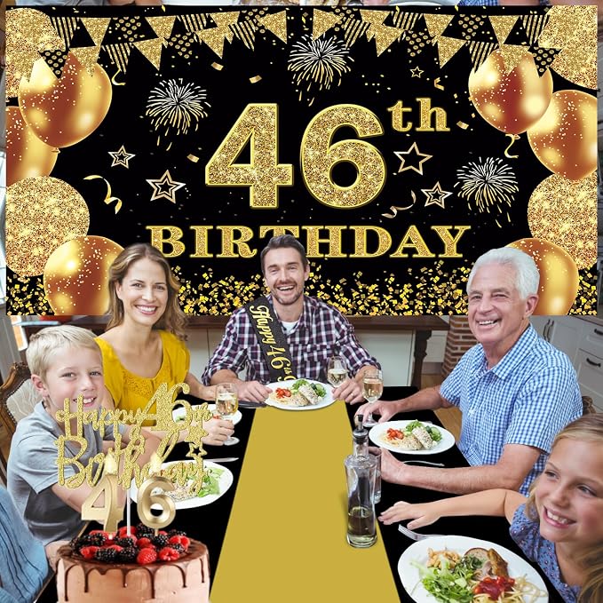 46th Birthday Decorations Men Women with 46th Birthday Banner, Black and Gold Table Cloth, Number Balloons, Large Sash, Cake Topper and Candles