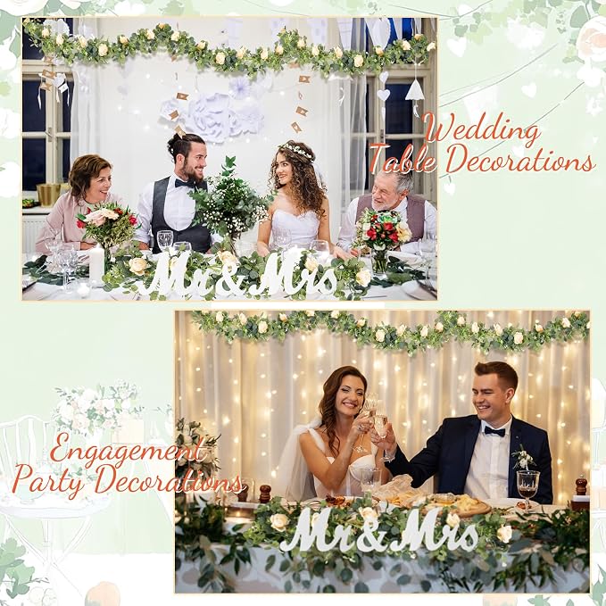 Canlierr 2pcs Large White Mr & Mrs Sign for Wedding Table with 5.91ft Artificial Flowers Garland, Wedding Centerpieces Wooden Bride and Groom Table Decorations for Engagement Decor (Champagne Rose)