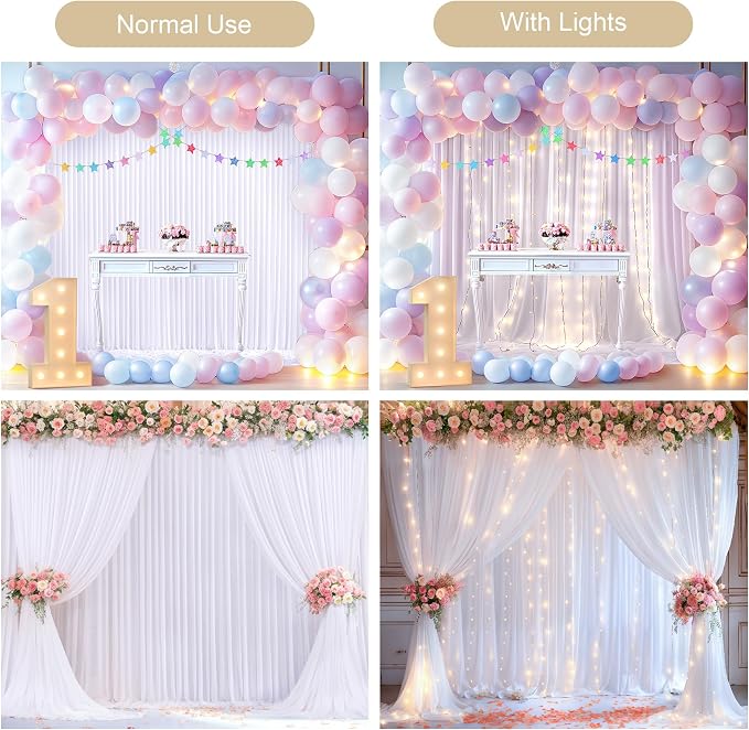 20x10FT White Backdrop Curtains with Lights for Parties,Wrinkle Free Wedding Photo Backdrop Curtains for Baby Shower Birthday Ceremony Reception Home Party Decorations-5ft x 10ft,4 Panels