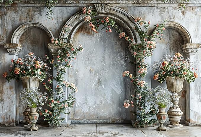 Baocicco 7x5ft Flower Castle Wall Photography Background Vintage Arch European Palace Victoria Wall Backdrop Women Themed Party Birthday Decorations Bridal Shower Ceremony Engagement Photoshoot