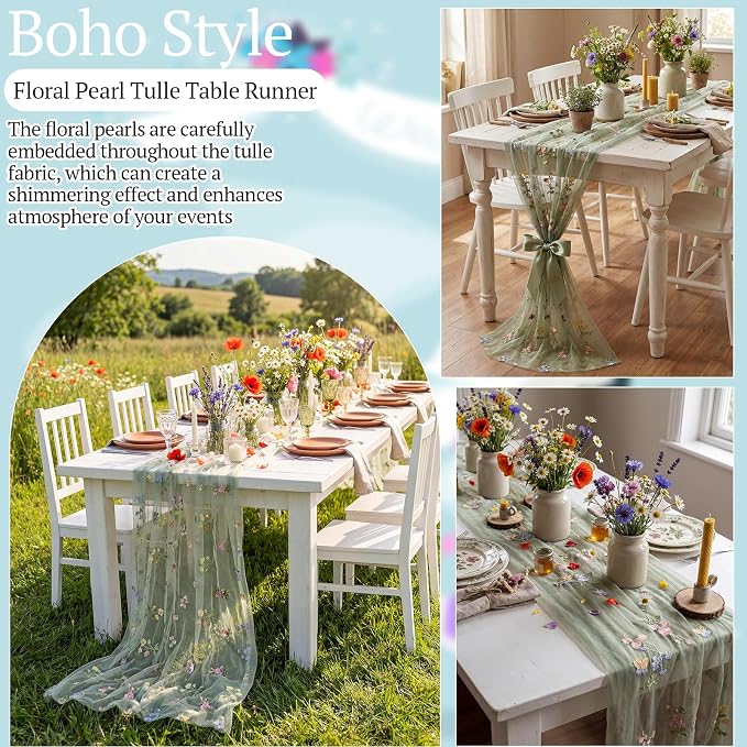 Lounsweer 3 Pcs Sage Green Wildflower Table Runner 10ft Embroidery Tulle Spring Floral Table Runner Seasonal Summer Butterfly Kitchen Dining Gauze Decoration for Wedding Baby Shower Birthday Party