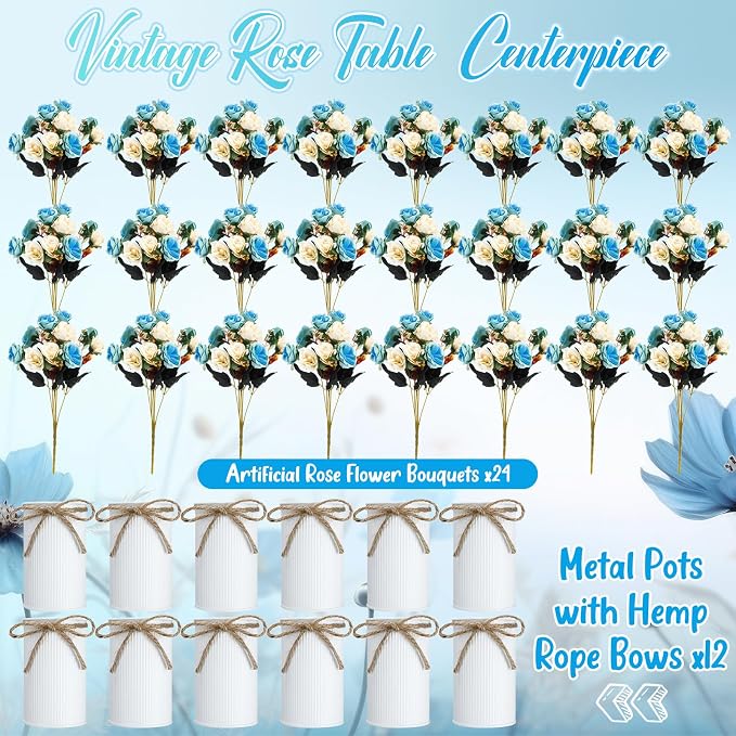 Domensi 12 Sets Wedding Centerpiece for Table Artificial Rose with Vase Fake Bouquets and Metal Pot Flower Arrangements for Bridal Shower Birthday Party Event Table Decor (Teal)