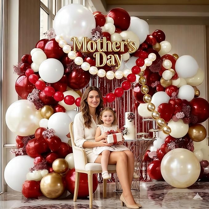 Red White Gold Balloon Arch Double Stuffed Burgundy Pearl White Sand Gold Balloon Garland Kit Red Linking Balloons Fringe Curtain for Birthday Bridal Shower Mother's Day Wedding Engagement Party Decor