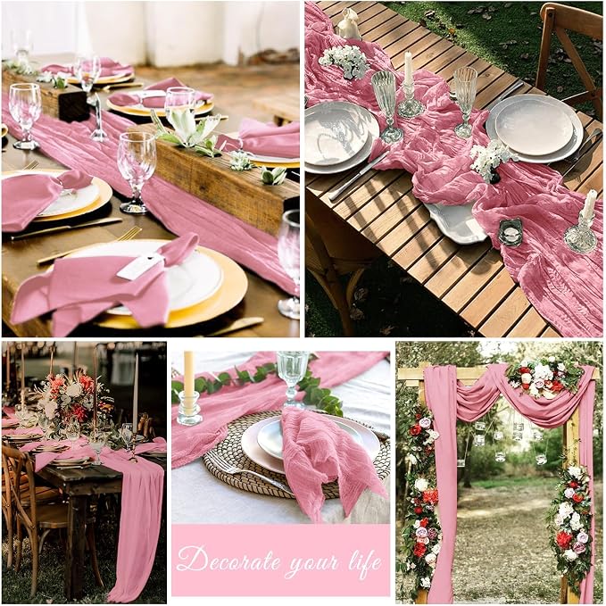 20 Pack Cheesecloth Table Runner 17 x 108 inch Long Boho Gauze Table Runners Semi Sheer Table Runner for Wedding Decor, Baby Shower, Birthday Party, Banquet (Dusty Rose)