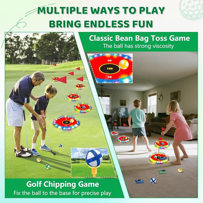 TERRAMUS Glow in the Dark Golf & Toss Game, 2 in 1 LED Target Set with 2 Clubs, 18 Balls, 6 Bean Bags, Outdoor Indoor Backyard Toy for Kids Ages 4 5 6 7 8, Birthday Gifts for Boys Girls