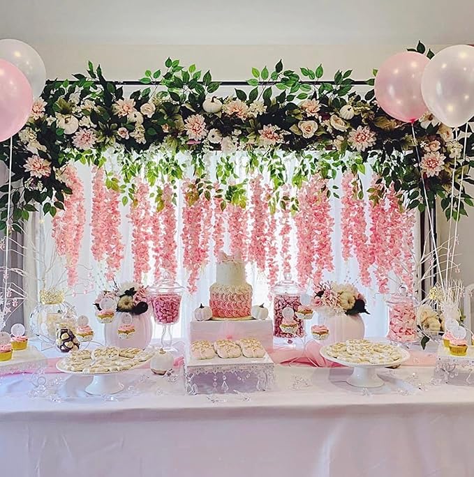 Artificial Wisteria Hanging Flowers Fake Wisteria Flower Garland Silk Vines Rattan Decor for Home Wedding Arch Wall Garden Greenery Bedroom Outdoor Office Party Decoration (12, Light Pink)