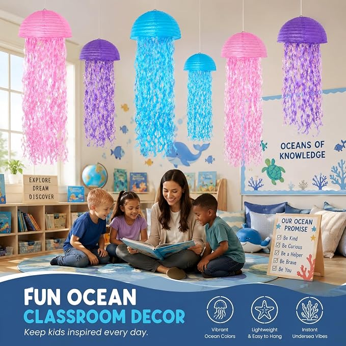 6-Pack Jellyfish Paper Lanterns, Pink Purple Blue Under The Sea Party Decorations, Mermaid Birthday Decorations for Girls, Ocean Themed Baby Shower, Pool & Beach Party Decor