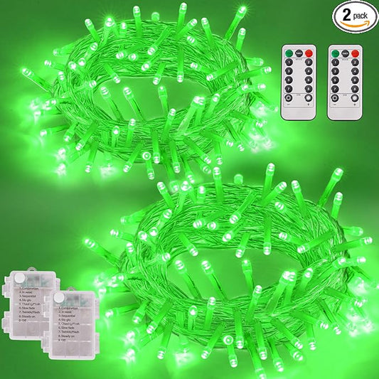 YEGUO Battery Operated String Lights, 2 Pack Each 33ft 100 LED Twinkle Fairy Lights Outdoor Waterproof, 8 Modes Clear Wire Green Christmas Lights Indoor with Remote