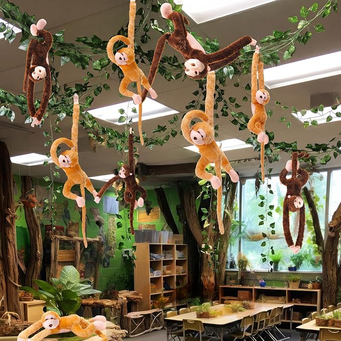 6 Pcs Hanging Monkey Stuffed Animal Jungle Classroom Party Decoration with 12 Pcs 7.22ft Artificial Vine Plush Hook and Loop Fastener for Kids Rainforest Safari Birthday VBS(Dark Brown, Yellow,21 in)
