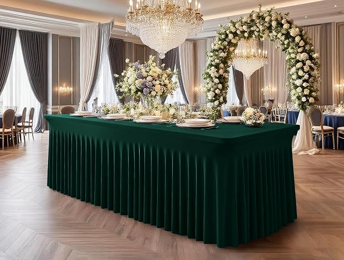 fani 6 Packs Emerald Green Stretch Table Skirts for 8 Foot Rectangle Table, Washable Spandex Stretch Tablecloths with Skirt, Wrinkle Resistant Fitted Tablecover for Wedding Party Banquet